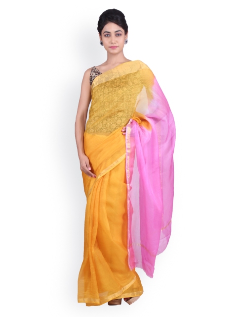 

Geroo Jaipur Handcrafted Yellow & Pink Kota Silk Sustainable Saree