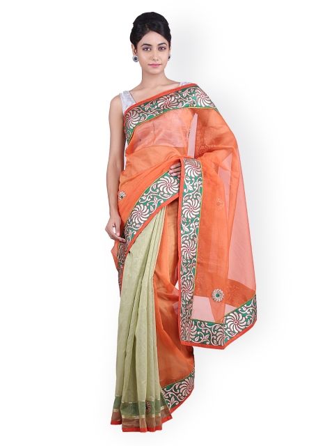 

Geroo Jaipur Orange & Beige Embroidered Half & Half Handloom Kota Saree