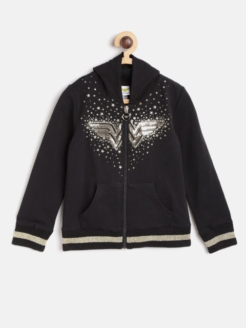 

OVS Girls Black & Golden Self-Design Hooded Wonder Woman Sweatshirt