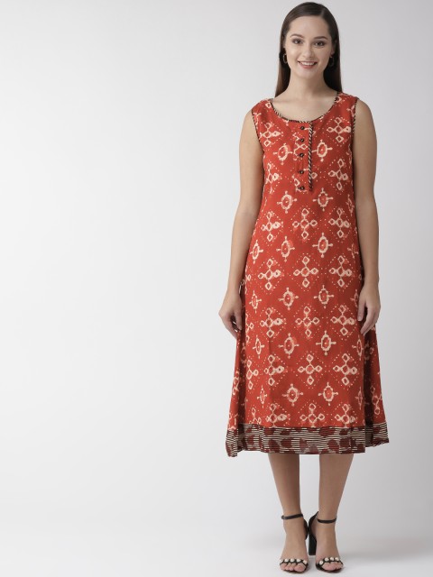 

RANGMAYEE Women Rust Orange & Beige Printed A-Line Dress