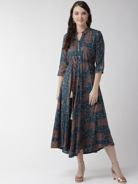 

RANGMAYEE Women Teal Blue & Brown Printed A-Line Dress