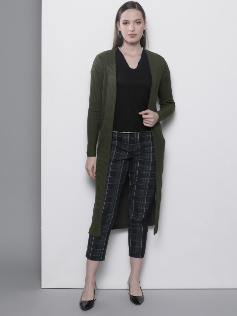 

DOROTHY PERKINS Women Olive Green Ribbed Front-Open Sweater