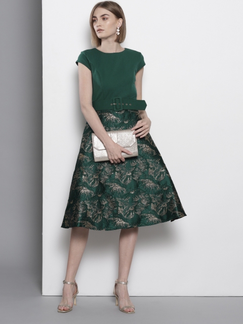 

DOROTHY PERKINS Women Green & Golden Woven Design Fit and Flare Dress