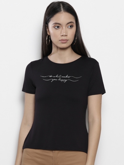 

DOROTHY PERKINS Women Petite Black Solid Round Neck T-shirt