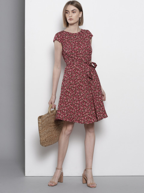 

DOROTHY PERKINS Women Maroon & Pink Printed A-Line Dress