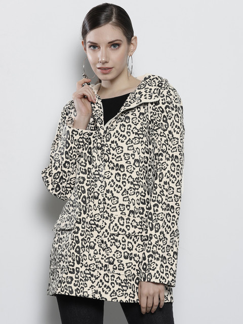 

DOROTHY PERKINS Women Beige & Black Printed Hooded Tailored Jacket
