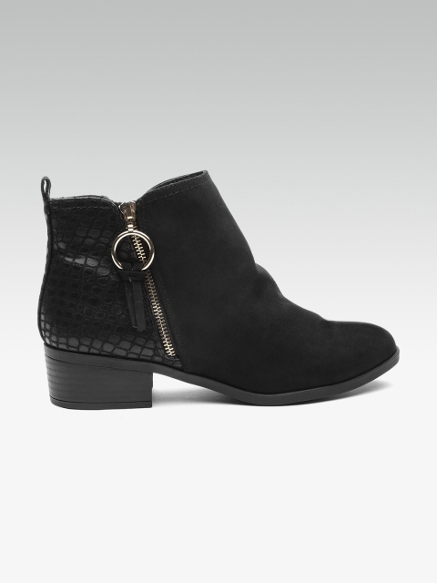 

DOROTHY PERKINS Women Black Solid Wide Fit Mid-Top Flat Boots with Croc Textured Detail