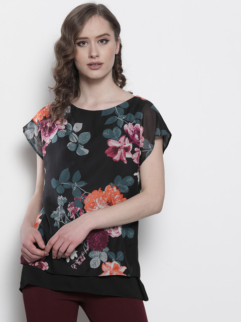 

DOROTHY PERKINS Women Black & Pink Printed Layered Styled Back Top