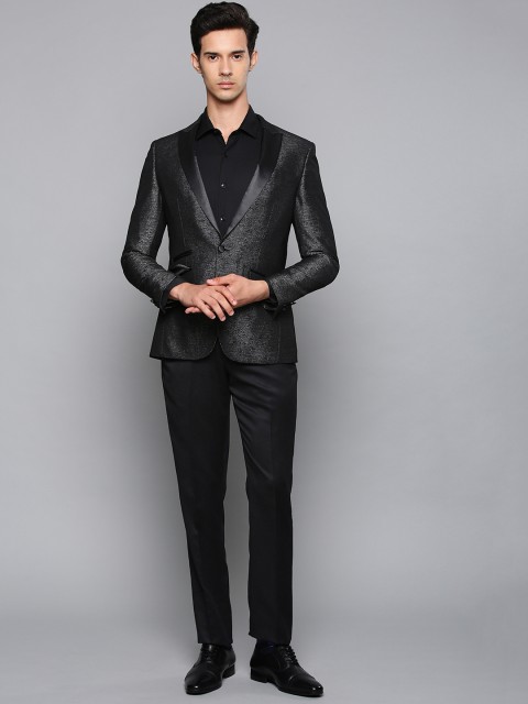

Louis Philippe Men Black Self Design Slim Fit Single Breasted Party Suit