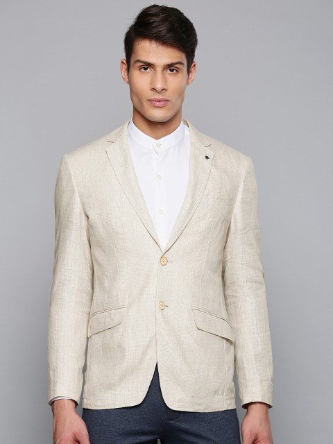 

Louis Philippe Men Beige Self-Design Single-Breasted Slim Fit Linen Formal Blazer