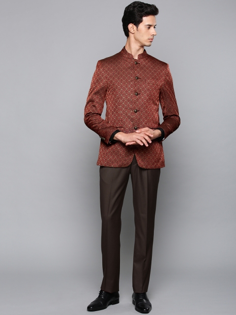 

Louis Philippe Men Red & Coffee Brown Self Design Single Breasted Bandhgala Suit, Maroon