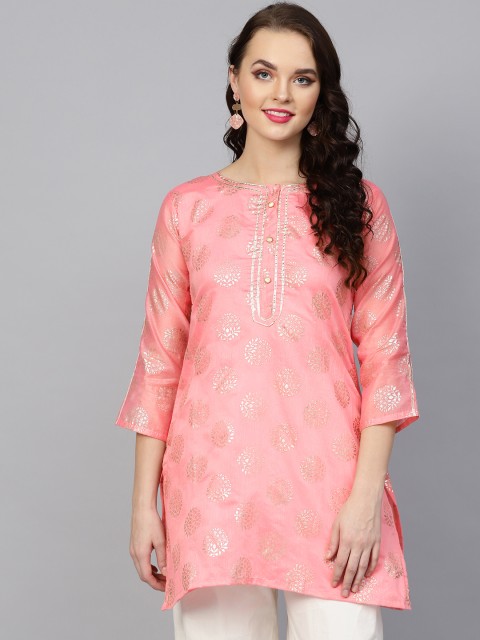 

Bhama Couture Women Pink & Golden Foil Print A-Line Kurti