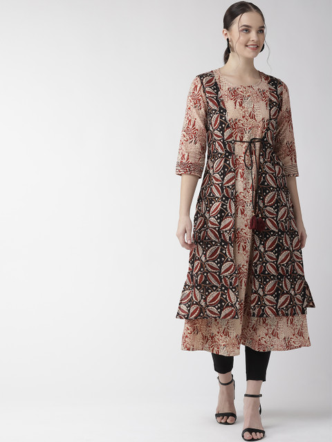 

RANGMAYEE Women Beige & Black Block Print Layered A-Line Kurta