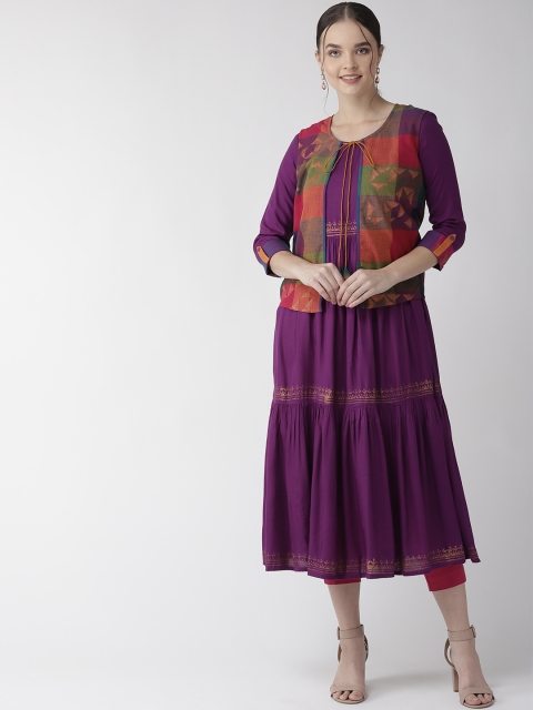 

RANGMAYEE Women Purple Foil Print Layered Tiered A-Line Kurta with Ethnic Jacket