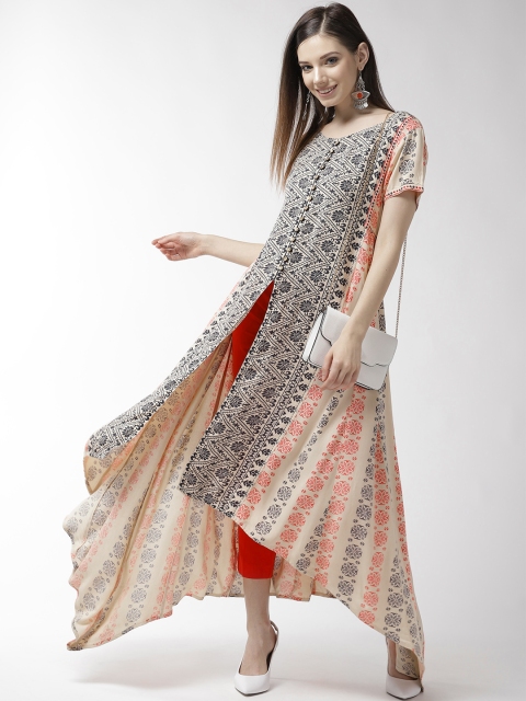 

RANGMAYEE Women Cream-Coloured & Navy Blue Printed Anarkali Kurta