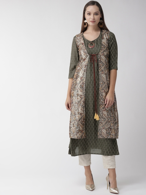 

RANGMAYEE Women Beige & Olive Green Printed Layered A-Line Kurta