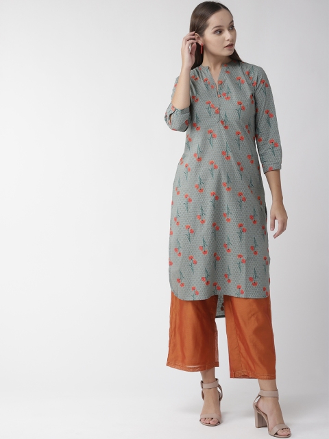 

RANGMAYEE Women Grey & Orange Floral Print Straight Kurta