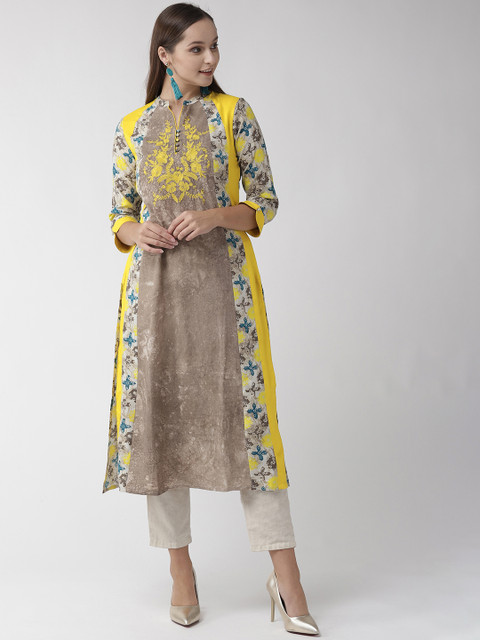 

RANGMAYEE Women Brown & Mustard Yellow Printed Straight Kurta