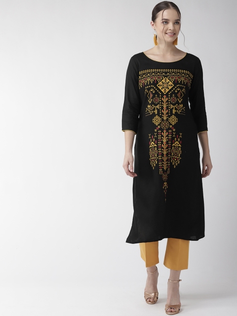 

RANGMAYEE Women Black & Mustard Yellow Printed Straight Kurta