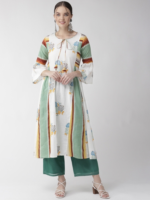 

RANGMAYEE Women White & Green Floral Print A-Line Kurta