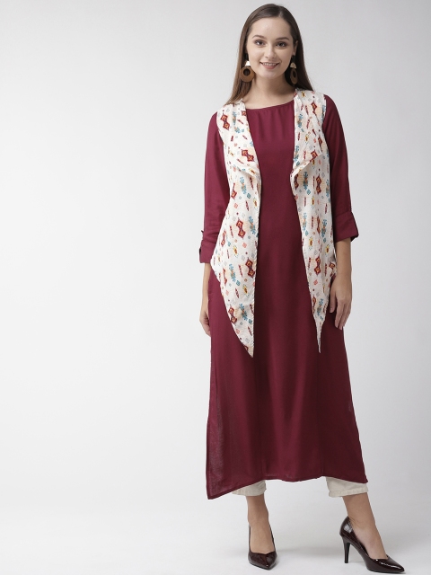 

RANGMAYEE Women Off-White & Burgundy Printed Layered A-Line Kurta