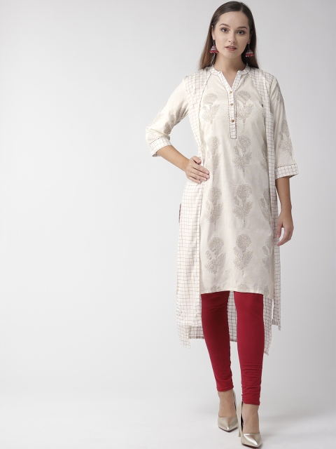 

RANGMAYEE Women Off-White & Golden Block Printed Layered Straight Kurta