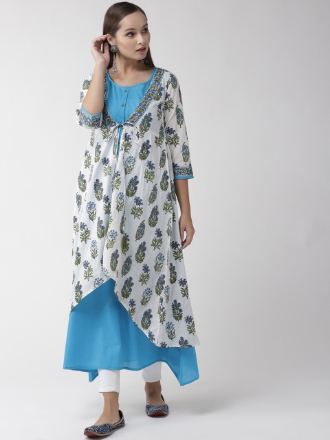 

RANGMAYEE Women White & Blue Printed Layered A-Line Kurta