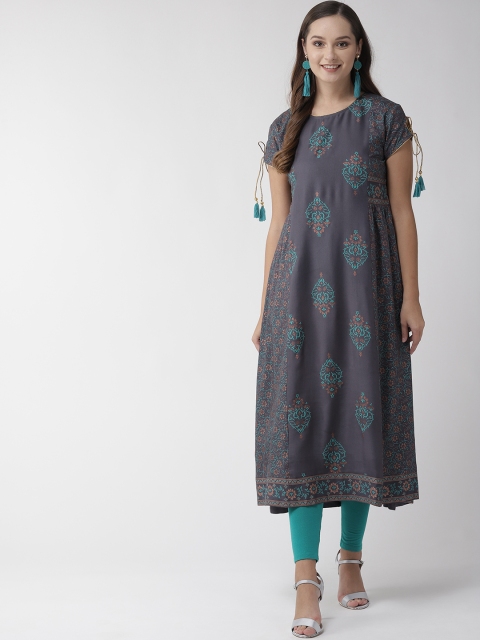 

RANGMAYEE Women Charcoal Grey & Green Foil Printed A-Line Kurta