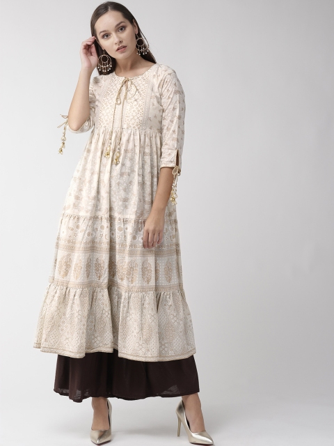 

RANGMAYEE Women Off-White & Golden Khari Printed Tiered A-Line Kurta