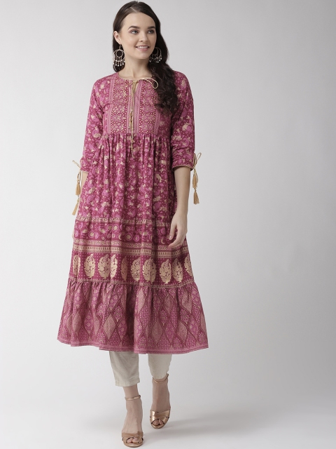 

RANGMAYEE Women Pink & Golden Khari Print Tiering Empire A-Line Kurta, Purple