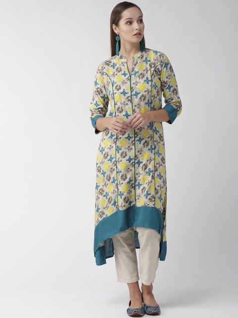 

RANGMAYEE Women Beige & Teal Blue Printed A-Line Kurta