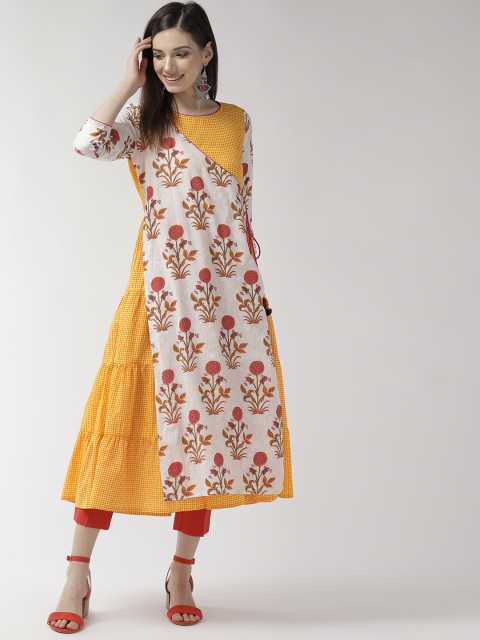

RANGMAYEE Women Yellow & White Tiered Checked Angrakha Kurta