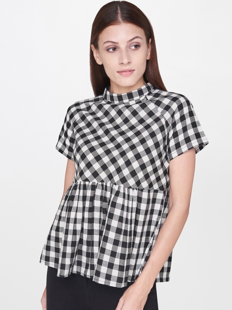 

AND Women Black & White Checked Styled Back Top