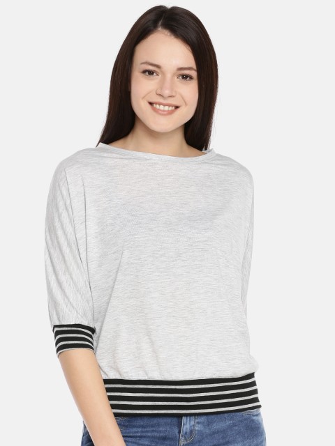 

AND Women Grey Solid Top With Striped Detail