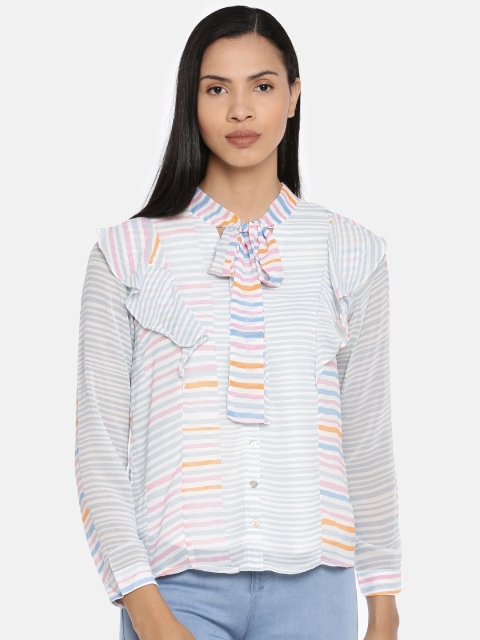 

AND Women White & Blue Striped Shirt Style Top With Ruffles Detail