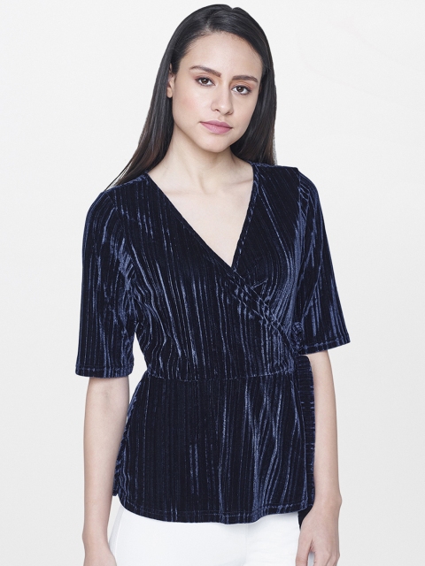 

AND Women Navy Blue Solid Suede Finish Wrap Top