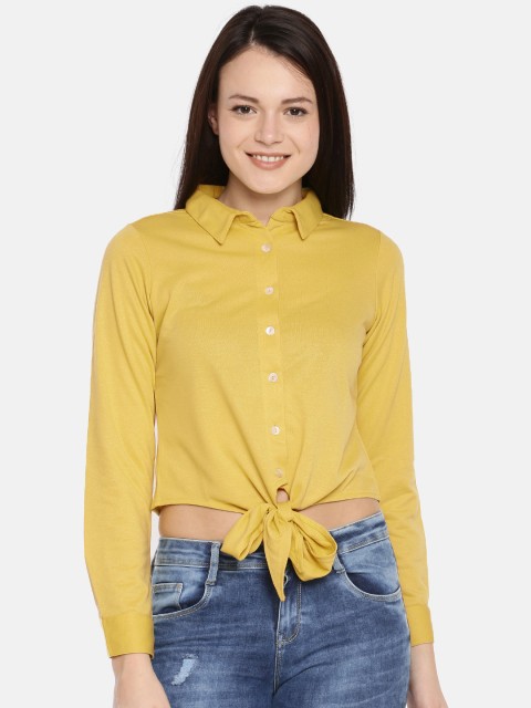 

AND Women Mustard Yellow Solid Shirt Style Crop Top