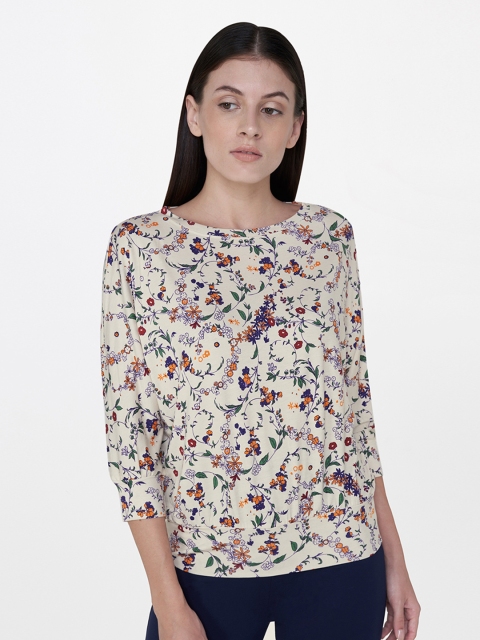 

AND Women Off-White Knitted Floral Print Top