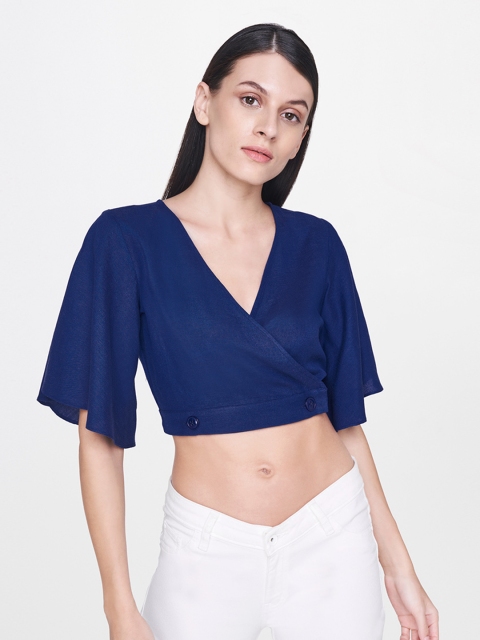 

AND Women Blue Solid Wrap Top With Cinched Waist