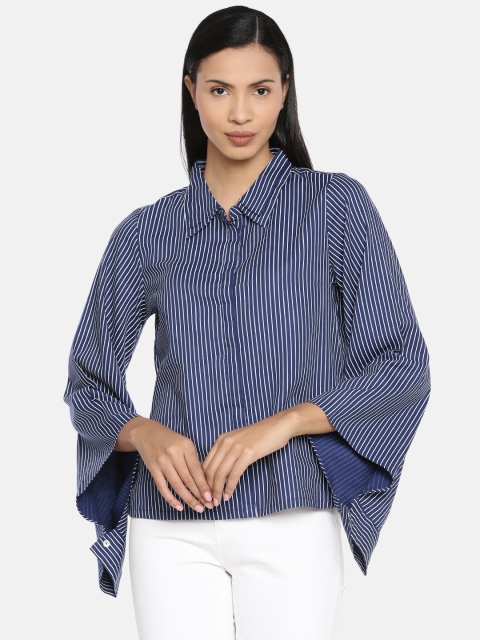 

AND Women Navy Blue Striped Shirt Style Top