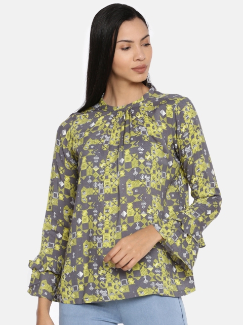 

AND Women Grey & Yellow Printed Regular Top With Bell Sleeves