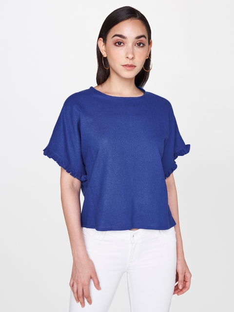 

AND Women Blue Solid Boxy Top