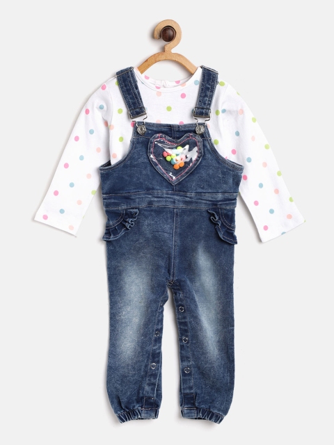 

Nauti Nati Girls White & Blue Printed Top with Denim Dungarees