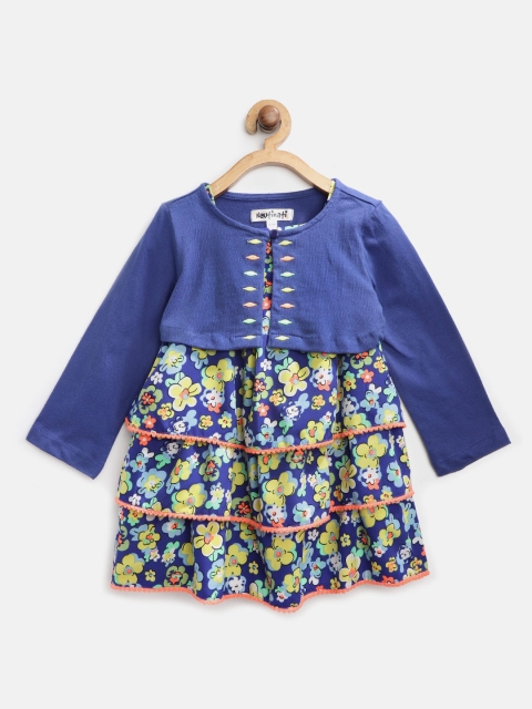 

Nauti Nati Girls Blue & Yellow Floral Print Tiered A-Line Dress with Shrug