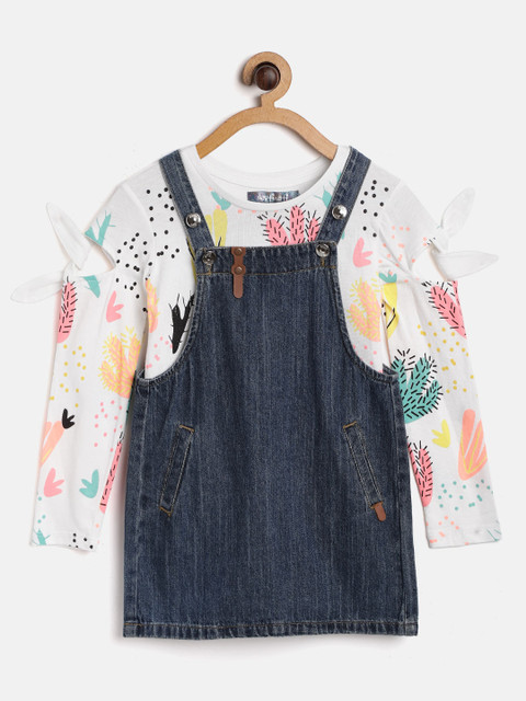 

Nauti Nati Girls Navy Blue & White Denim Pinafore Dress with Top