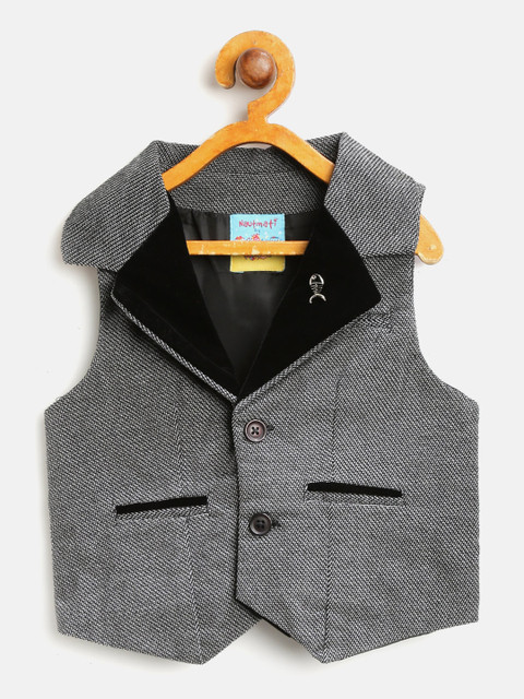 

Nauti Nati Boys Black & White Self-Design Waistcoat with Brooch