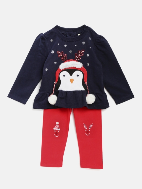 

Nauti Nati Girls Navy Blue & Red Self Design Top with Leggings