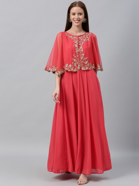 

Biba Women Coral Pink Embroidered Maxi Dress