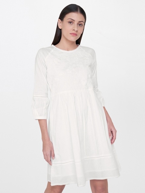 

AND Women White Solid A-Line Embroidered Dress