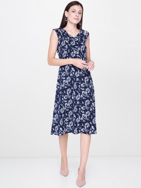 

AND Women Navy Blue Printed A-Line Dress